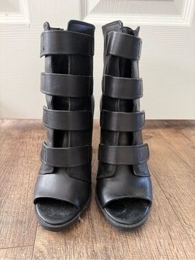 Women's Black Strappy Peep-Toe Heeled Boots